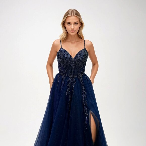New Sleeveless Maxi Prom Ball Gown w/ Rhinestones Embroidery & Leg Slit JT2632L - Picture 1 of 8